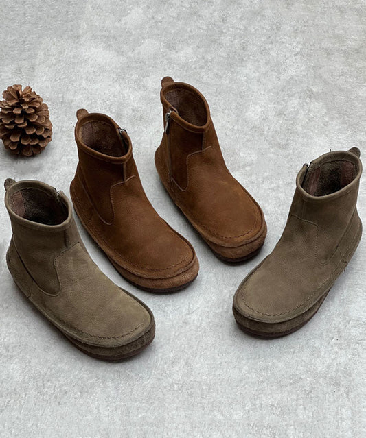 Coffee Cowhide Leather Boots Zippered Vintage Ankle Boots