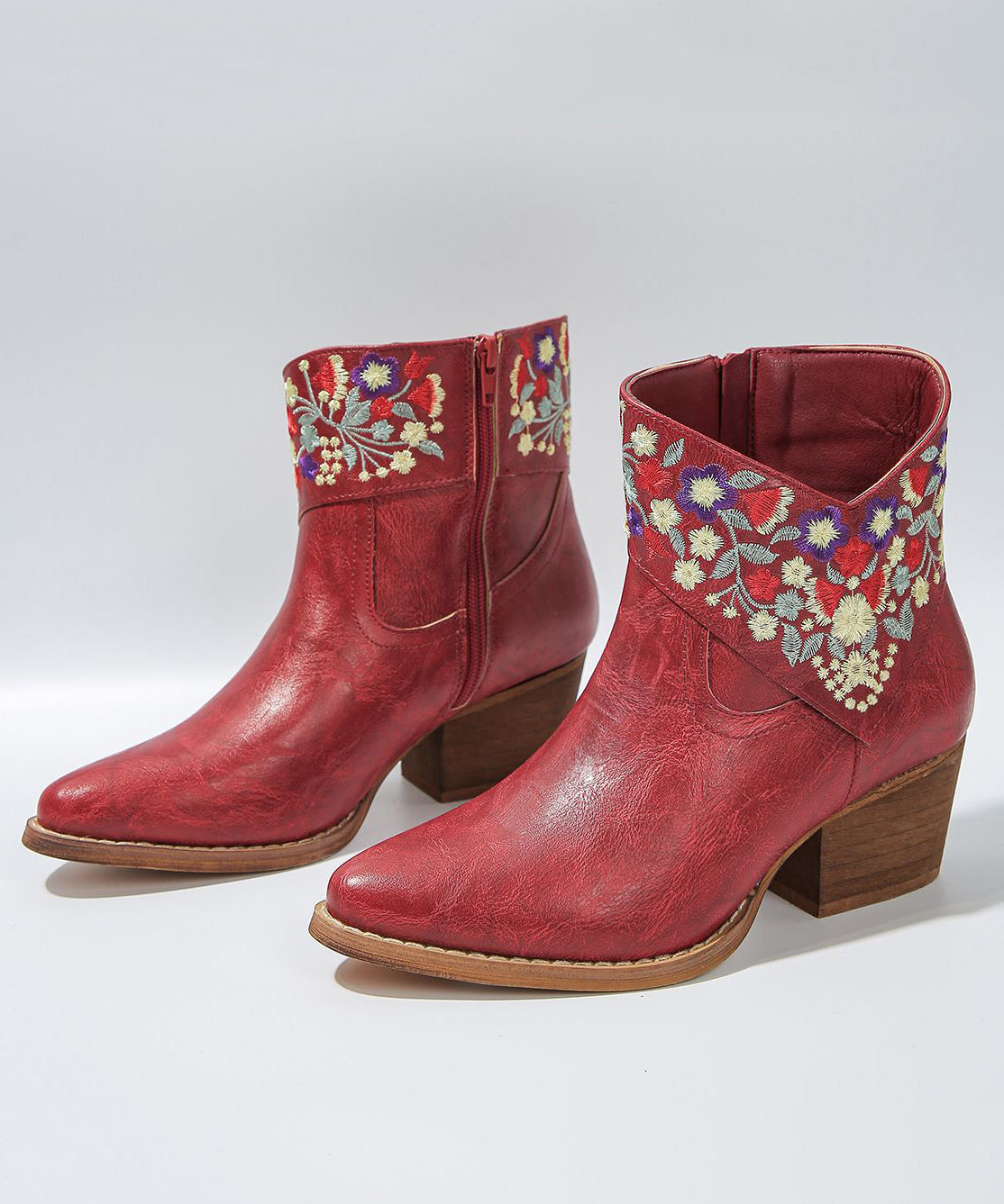New Red Embossed Zippered Faux Leather Chunky Boots