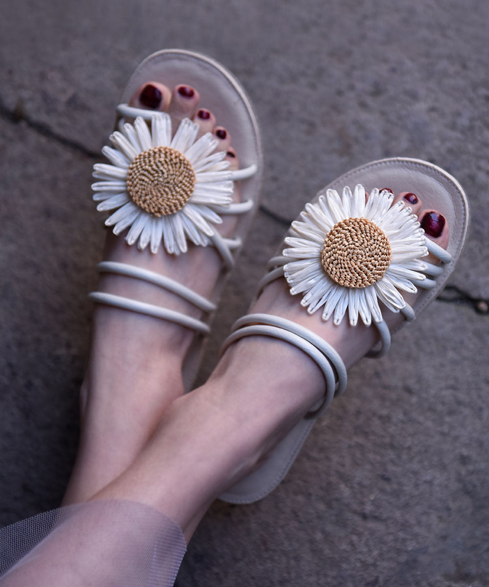 Beige Faux Leather Women Floral Splicing Slide Sandals
