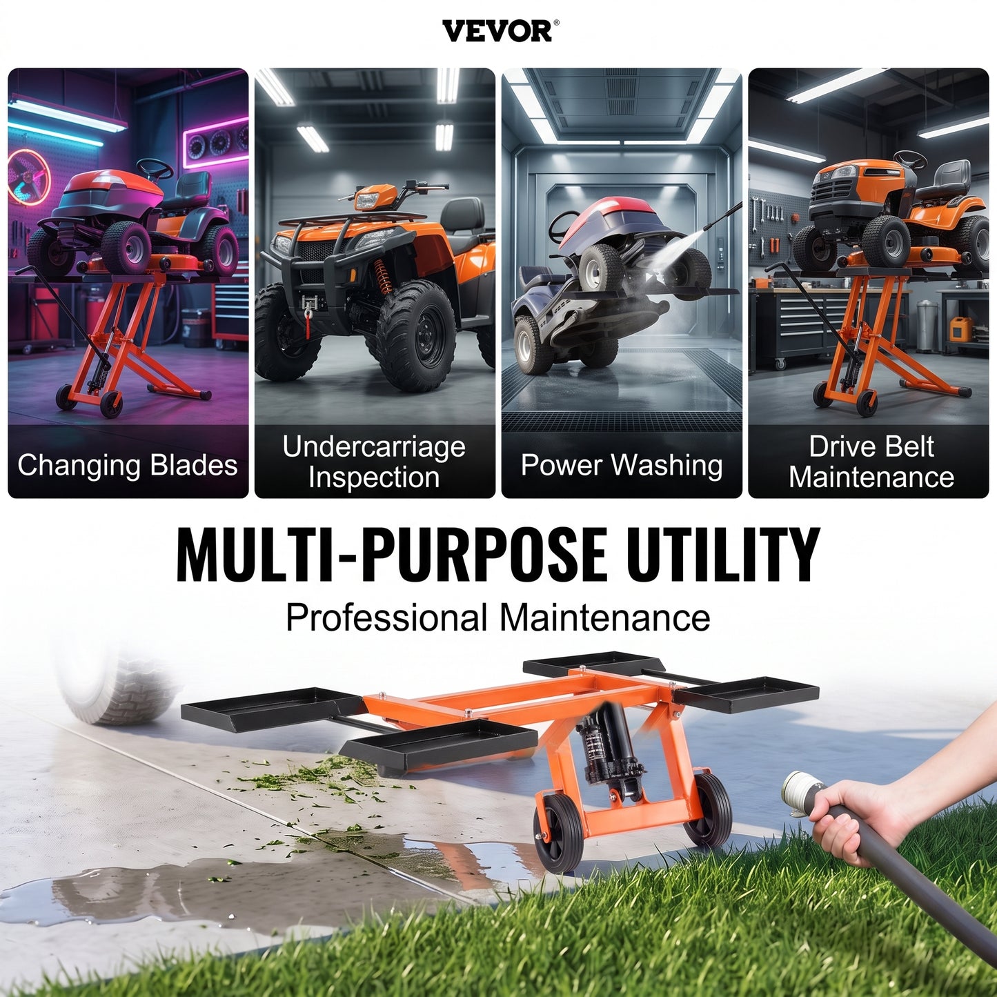 Lawn Mower Lift with Hydraulic Jack, 500 Lbs Weight Capacity, Solid Carbon Steel Lawn Mower Lift, Adjustable Movable Lawn Lifter for Riding Tractors and Zero Turn Lawn Mowers, Orange