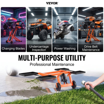 Lawn Mower Lift with Hydraulic Jack, 500 Lbs Weight Capacity, Solid Carbon Steel Lawn Mower Lift, Adjustable Movable Lawn Lifter for Riding Tractors and Zero Turn Lawn Mowers, Orange