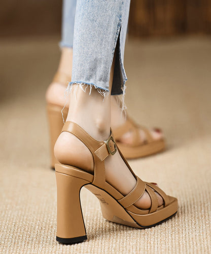 Classy Splicing Chunky Sandals Black Cowhide Leather Peep Toe
