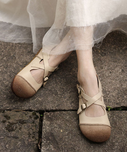 Boutique Cross Strap Splicing Flat Shoes Grey Cowhide Leather