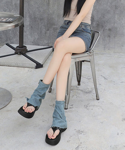 Khaki Platform Chic Hollow Out Denim Thong Sandals Boots