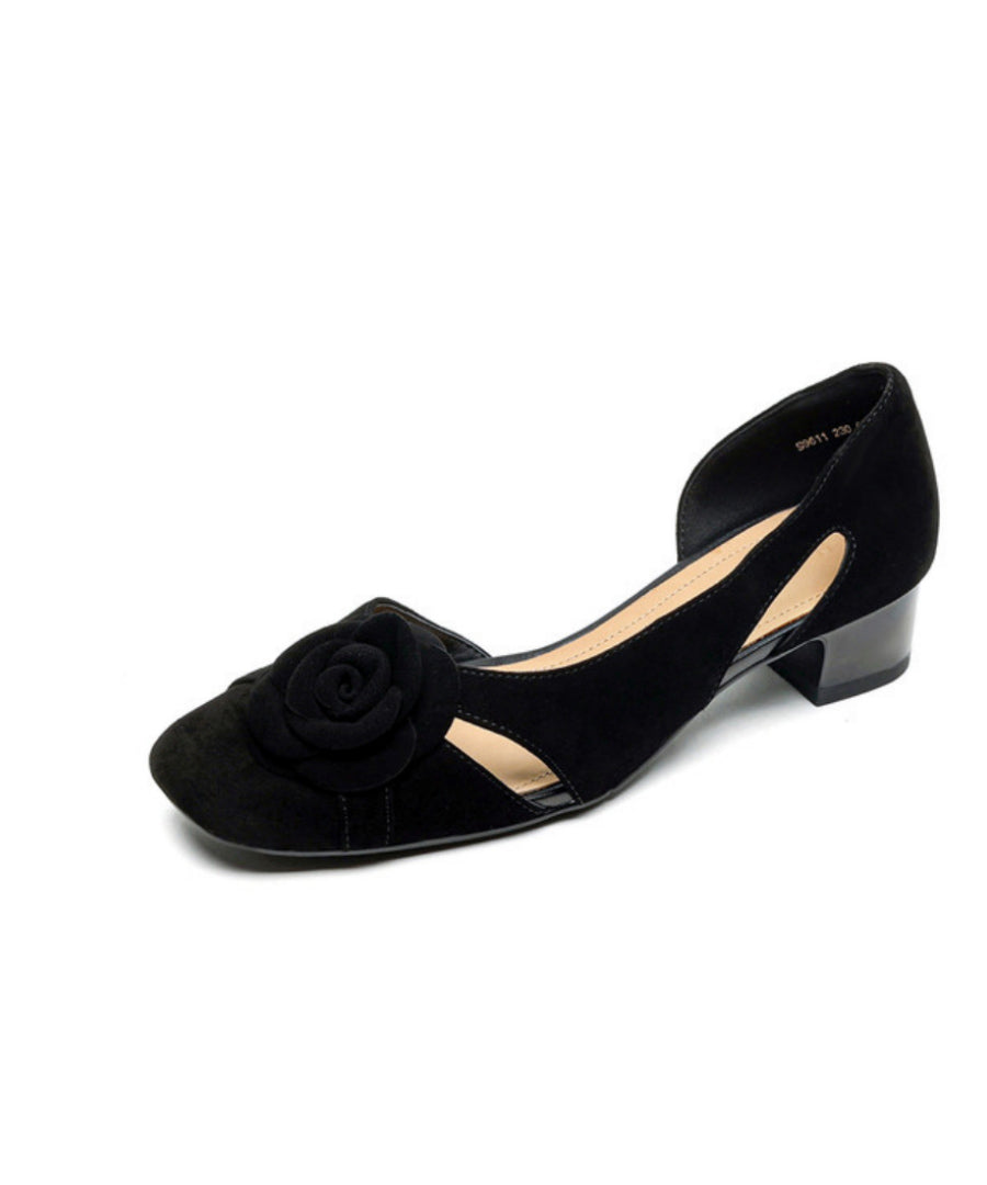 French Caramel Hollow Out Floral Suede Chunky Sandals