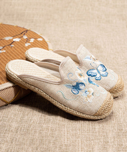 Beige Flat Slide Sandals Linen Fabric Comfortable Splicing Embroideried