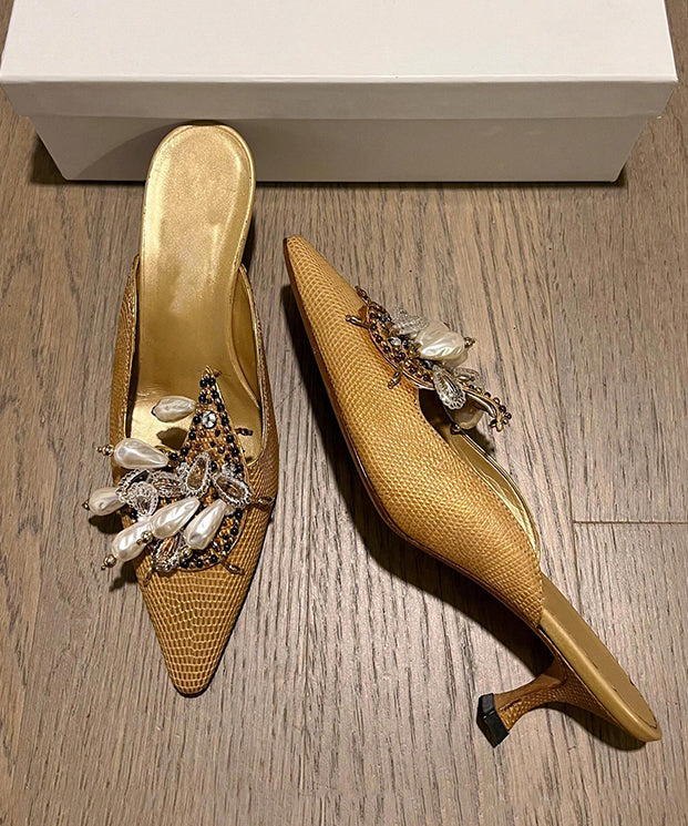 Golden Slide Sandals New French Pointed Toe Bead Decorated