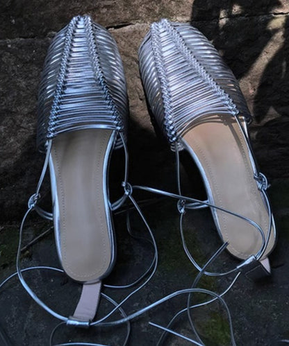 Boho Lace Up Splicing Holiday Flat Sandals Silver Hollow Out