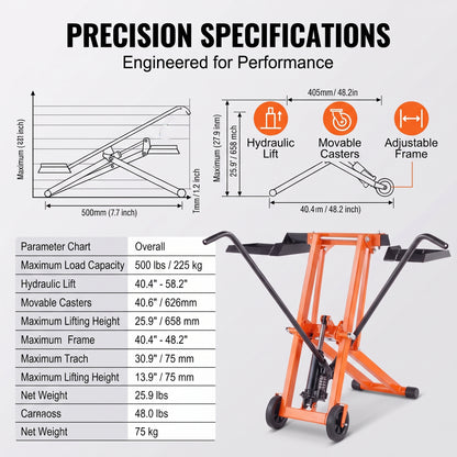 Lawn Mower Lift with Hydraulic Jack, 500 Lbs Weight Capacity, Solid Carbon Steel Lawn Mower Lift, Adjustable Movable Lawn Lifter for Riding Tractors and Zero Turn Lawn Mowers, Orange
