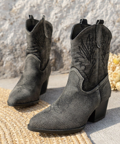 Black Chunky Splicing Pointed Toe Cowgirl Boots