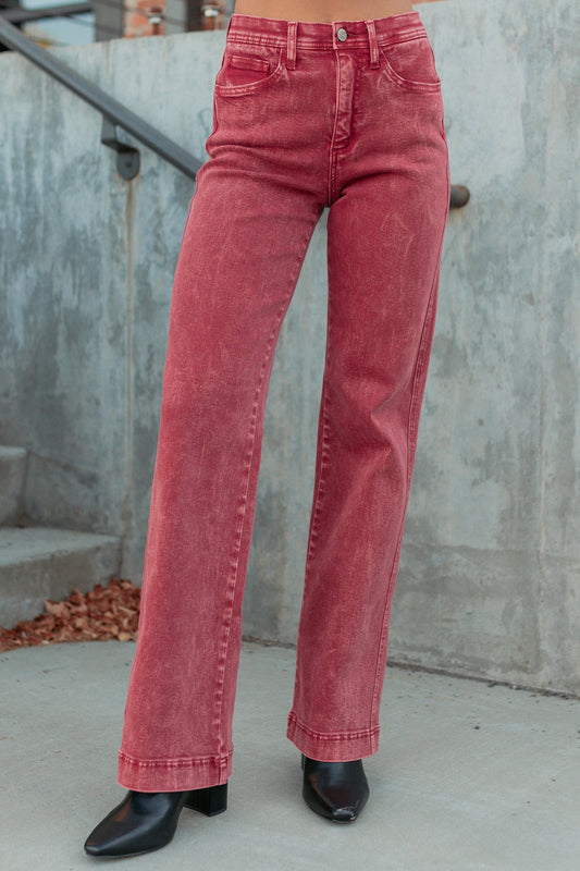 Haven Tummy Control Saige Denim Straight Jeans (Brick Red)