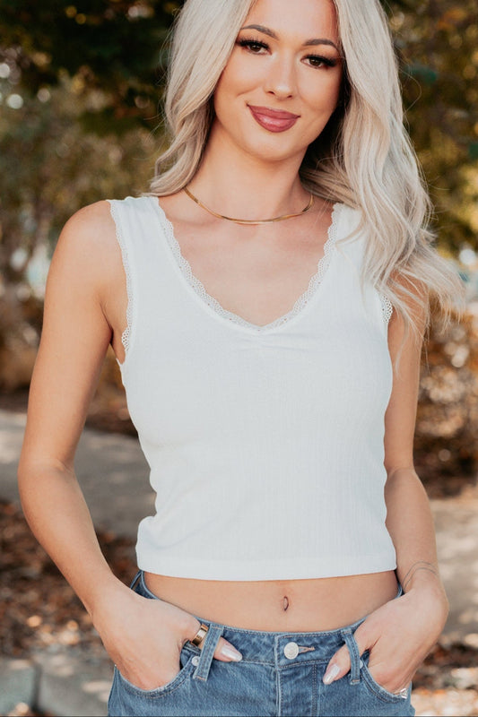 Bed Of Roses Ribbed Lace Trim Tank Top (White)