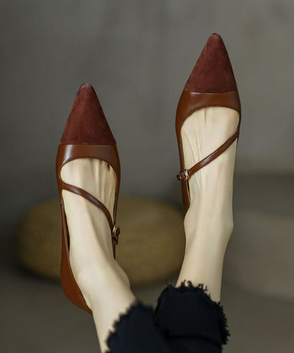 Brown Cowhide Leather Splicing French Flat Shoes Pointed Toe