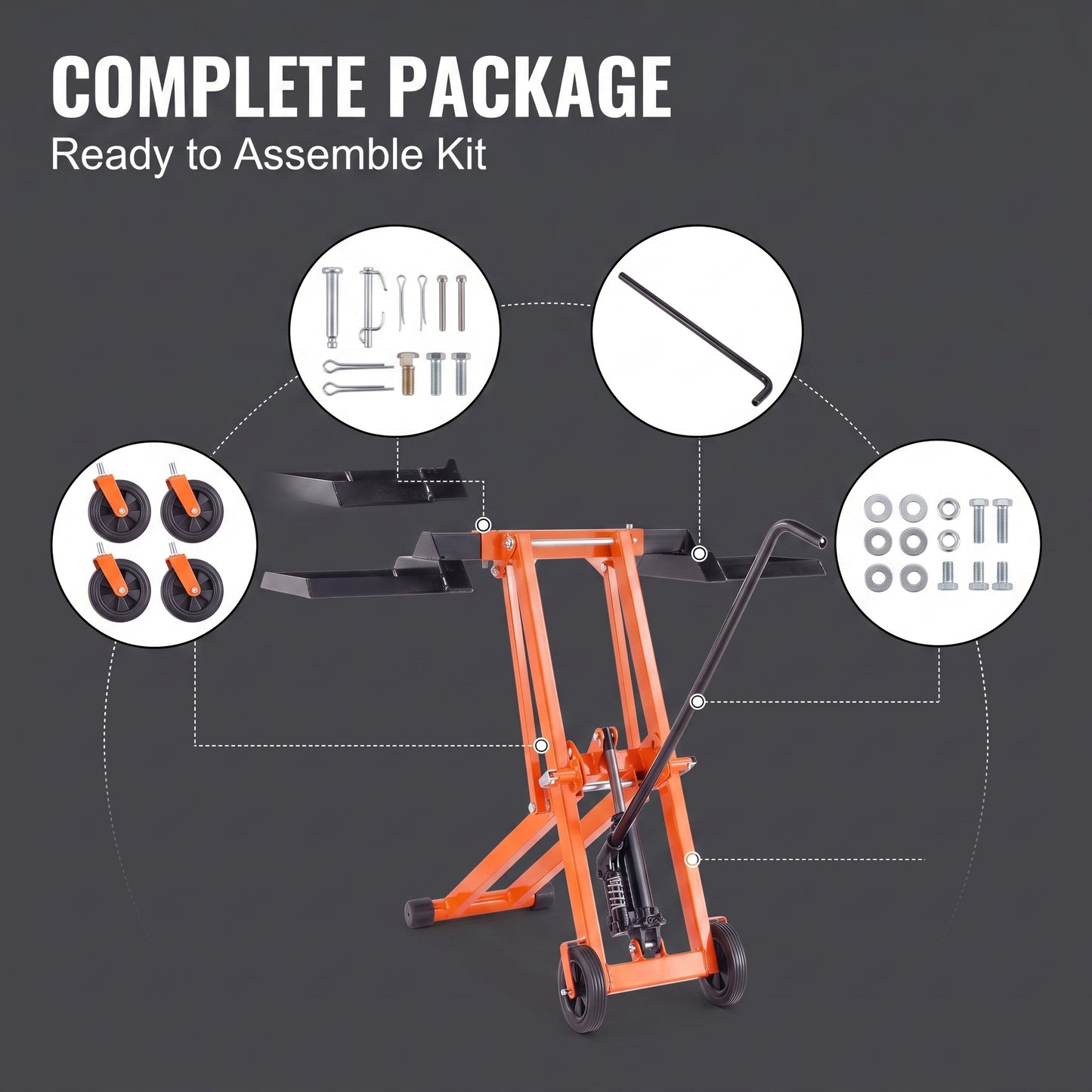 Lawn Mower Lift with Hydraulic Jack, 500 Lbs Weight Capacity, Solid Carbon Steel Lawn Mower Lift, Adjustable Movable Lawn Lifter for Riding Tractors and Zero Turn Lawn Mowers, Orange