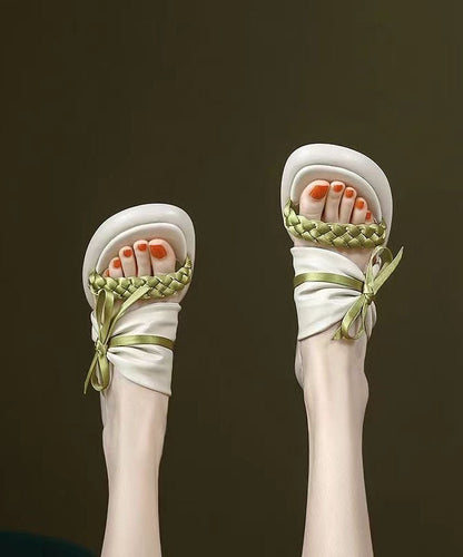 Boutique Bow Splicing Chunky Green Faux Leather Slide Sandals