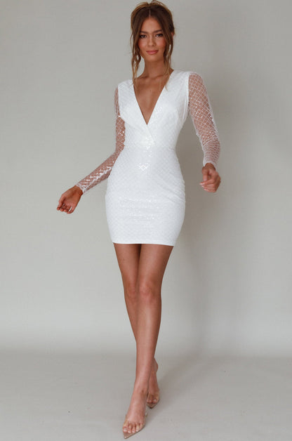 Juno Plunging Neckline Sequin Mini Dress White