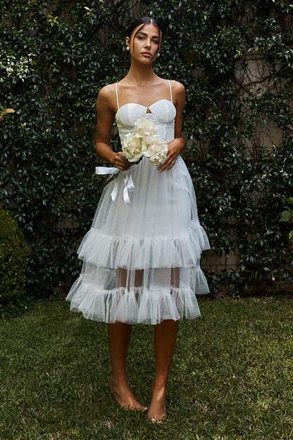 Moonlight Sonata Ruffle Mesh Midi Dress White