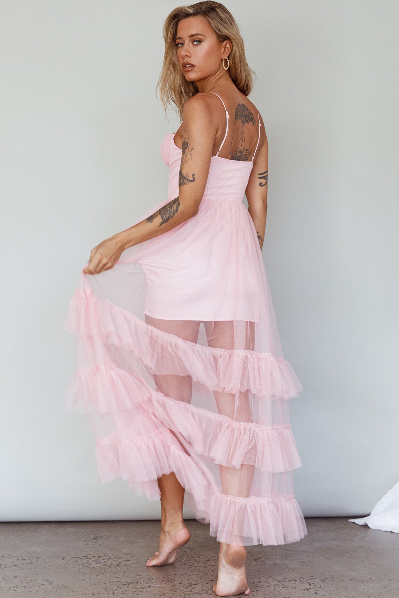 Moonlight Sonata Ruffle Mesh Maxi Dress Cameo Pink