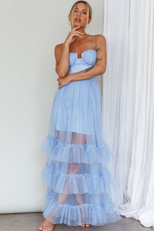 Moonlight Sonata Ruffle Mesh Maxi Dress Sky Blue