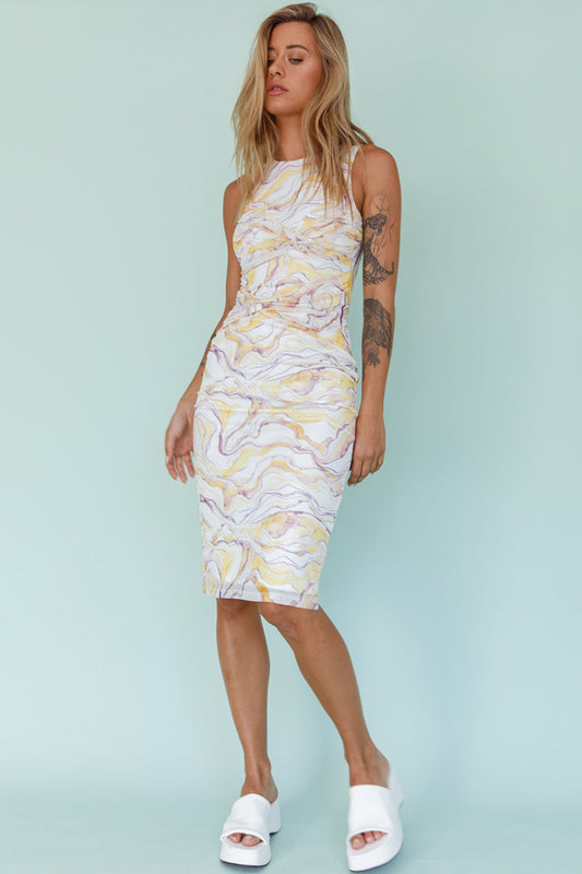 Sarafina Twist Accent Mesh Midi Dress Marble Yellow