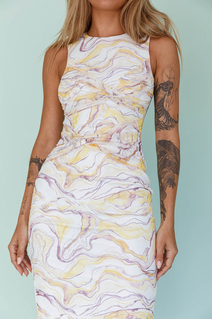 Sarafina Twist Accent Mesh Midi Dress Marble Yellow