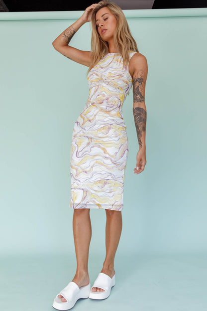 Sarafina Twist Accent Mesh Midi Dress Marble Yellow