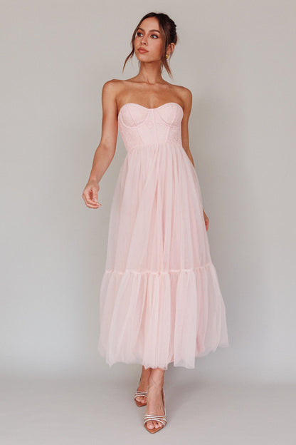 Dancing With Me Sweetheart Tulle Midi Dress Pink