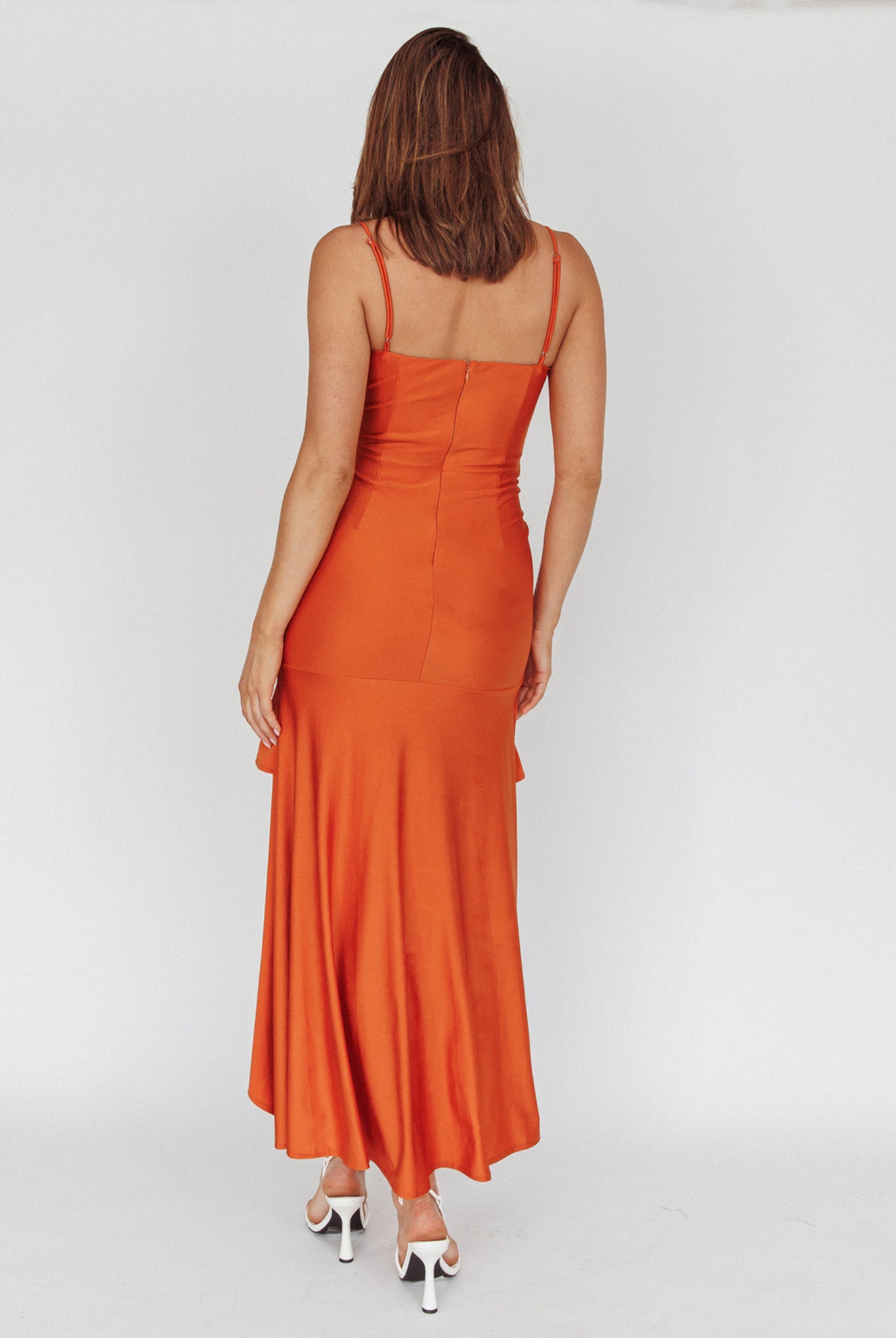 Rosalia Ruched Ruffle Maxi Dress Chocolate