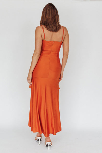 Rosalia Ruched Ruffle Maxi Dress Chocolate