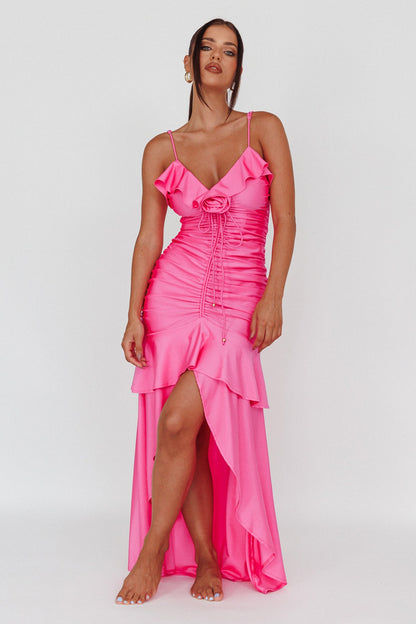Rosalia Ruched Ruffle Maxi Dress Fuchsia