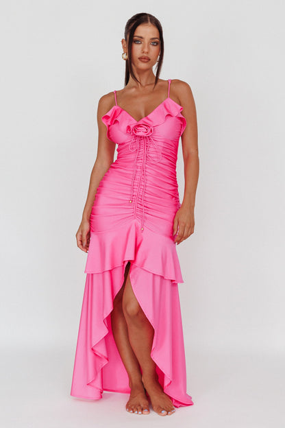 Rosalia Ruched Ruffle Maxi Dress Fuchsia