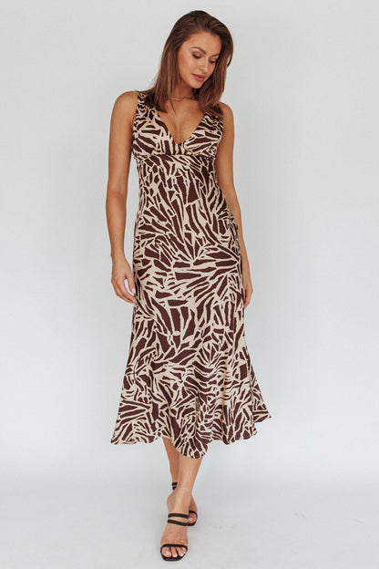Turin V-Neckline Print Midi Dress Chocolate