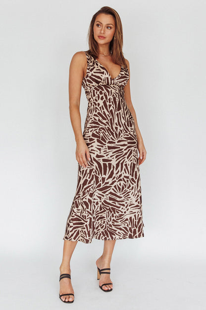 Turin V-Neckline Print Midi Dress Chocolate