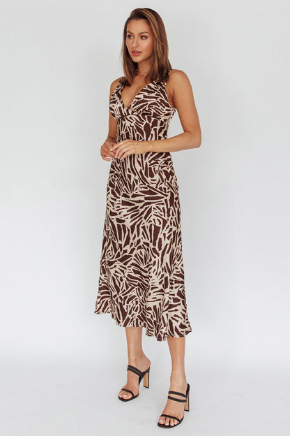 Turin V-Neckline Print Midi Dress Chocolate