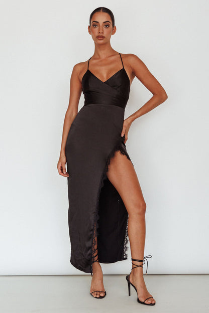 Winter Moon Lace Trim Midi Dress Black