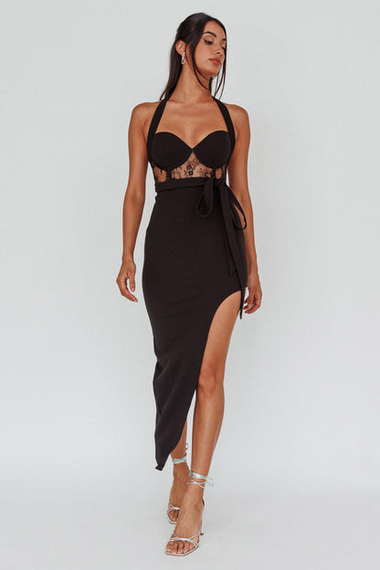 Jonetta Lace Insert Halterneck Midi Dress Black