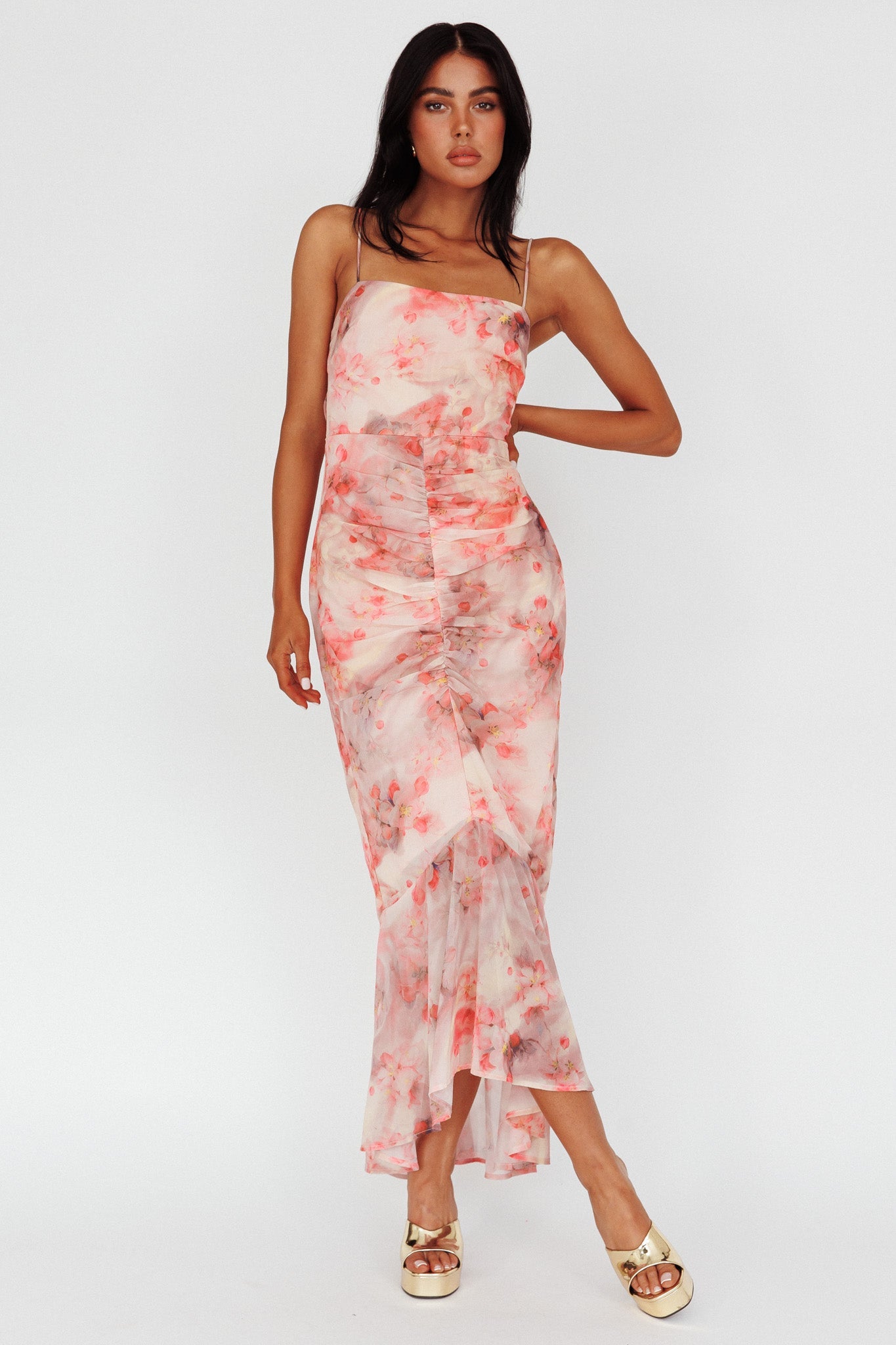 Sayna Ruched Front Midi Dress Floral Pink