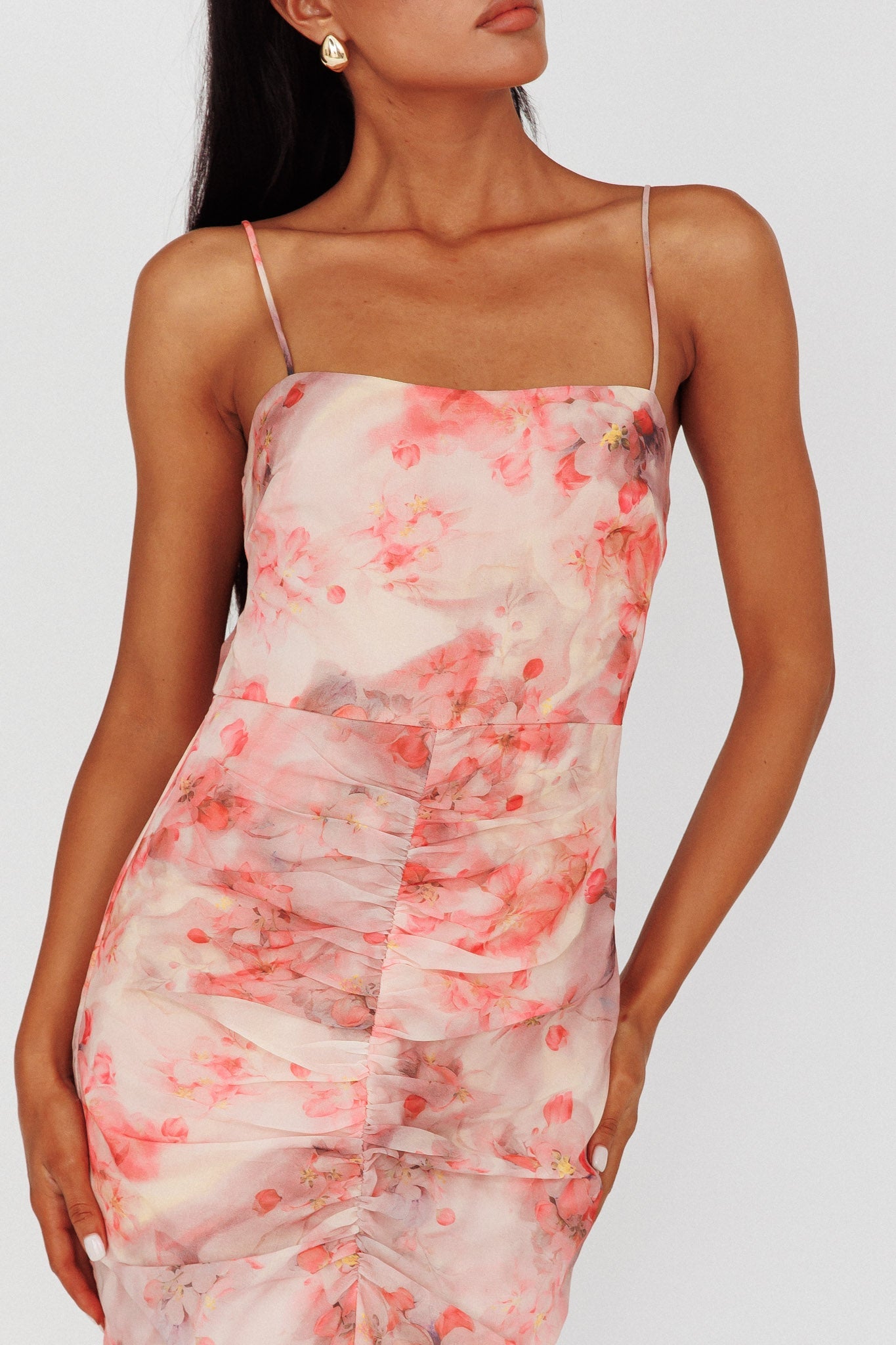 Sayna Ruched Front Midi Dress Floral Pink