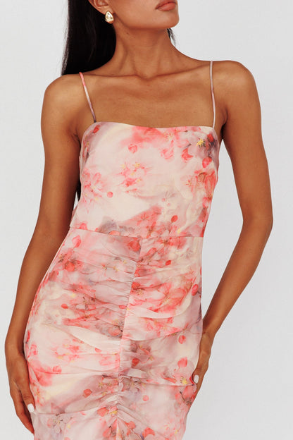 Sayna Ruched Front Midi Dress Floral Pink