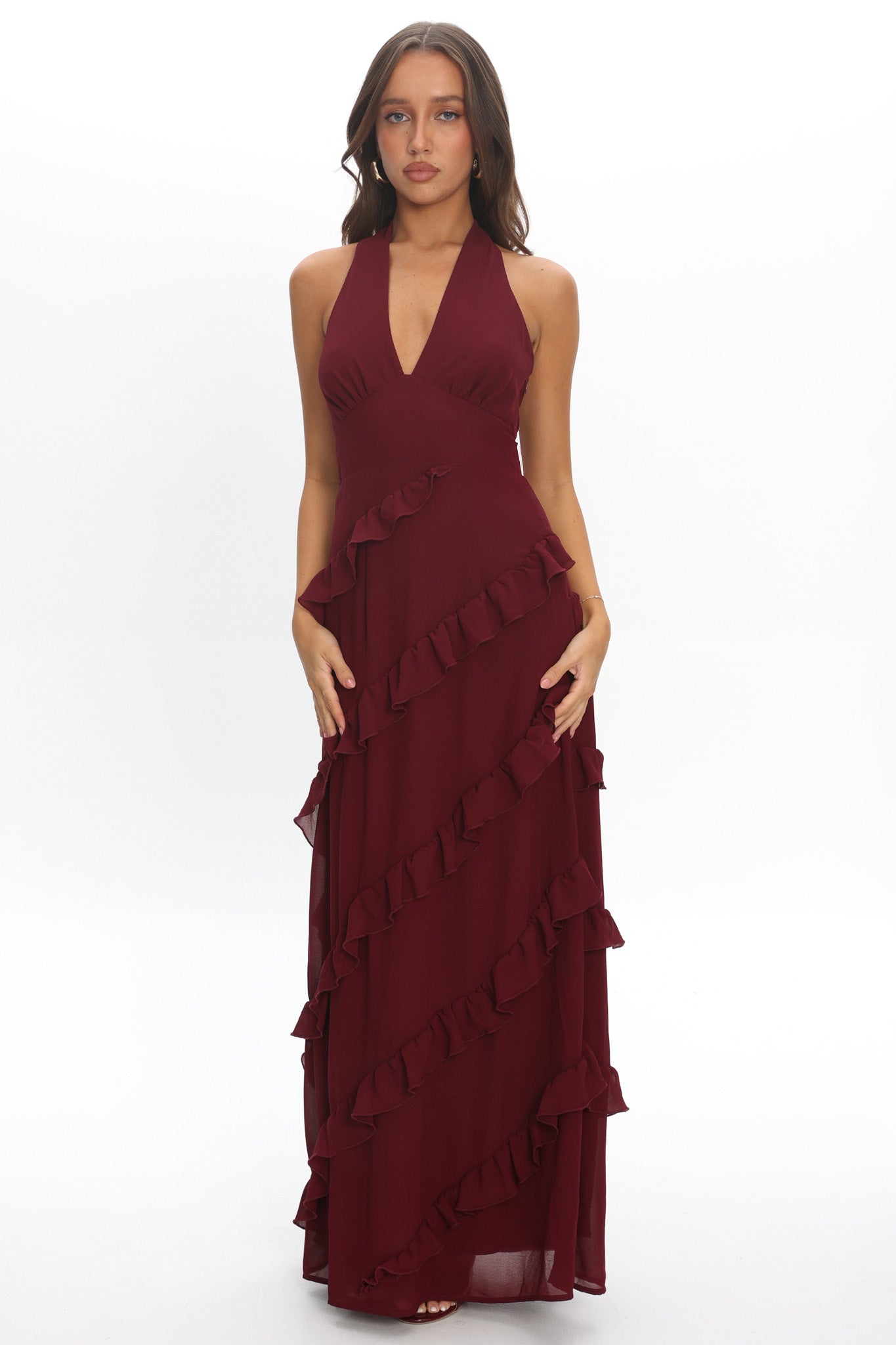 Flirt Frill Trim Halter Maxi Dress Wine