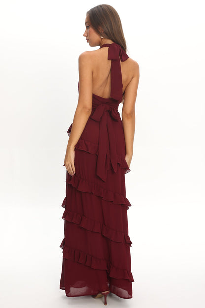 Flirt Frill Trim Halter Maxi Dress Wine