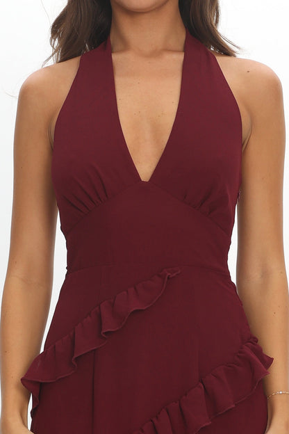 Flirt Frill Trim Halter Maxi Dress Wine