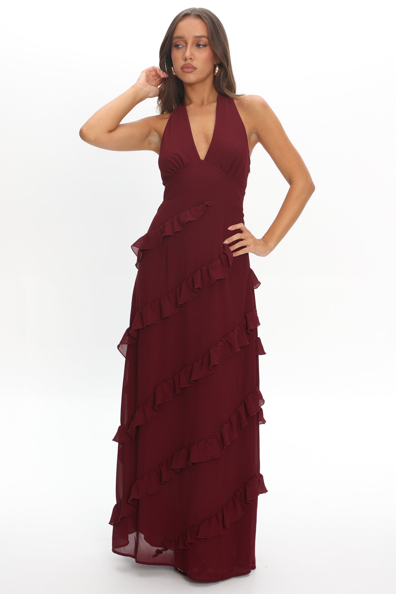 Flirt Frill Trim Halter Maxi Dress Wine