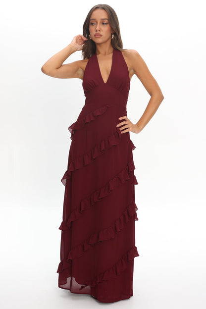 Flirt Frill Trim Halter Maxi Dress Wine