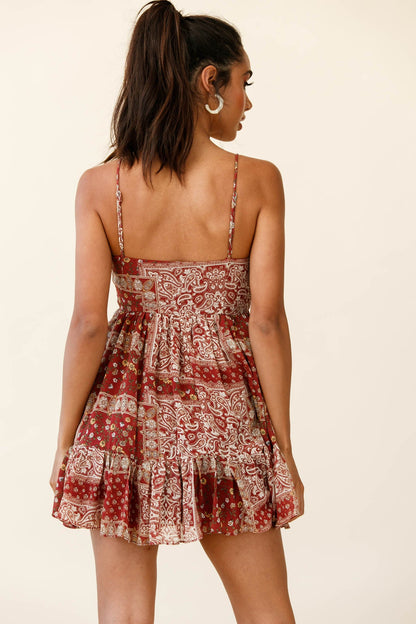 Marja Cami Strap Shirred Baby Doll Dress Paisley Print Burgundy