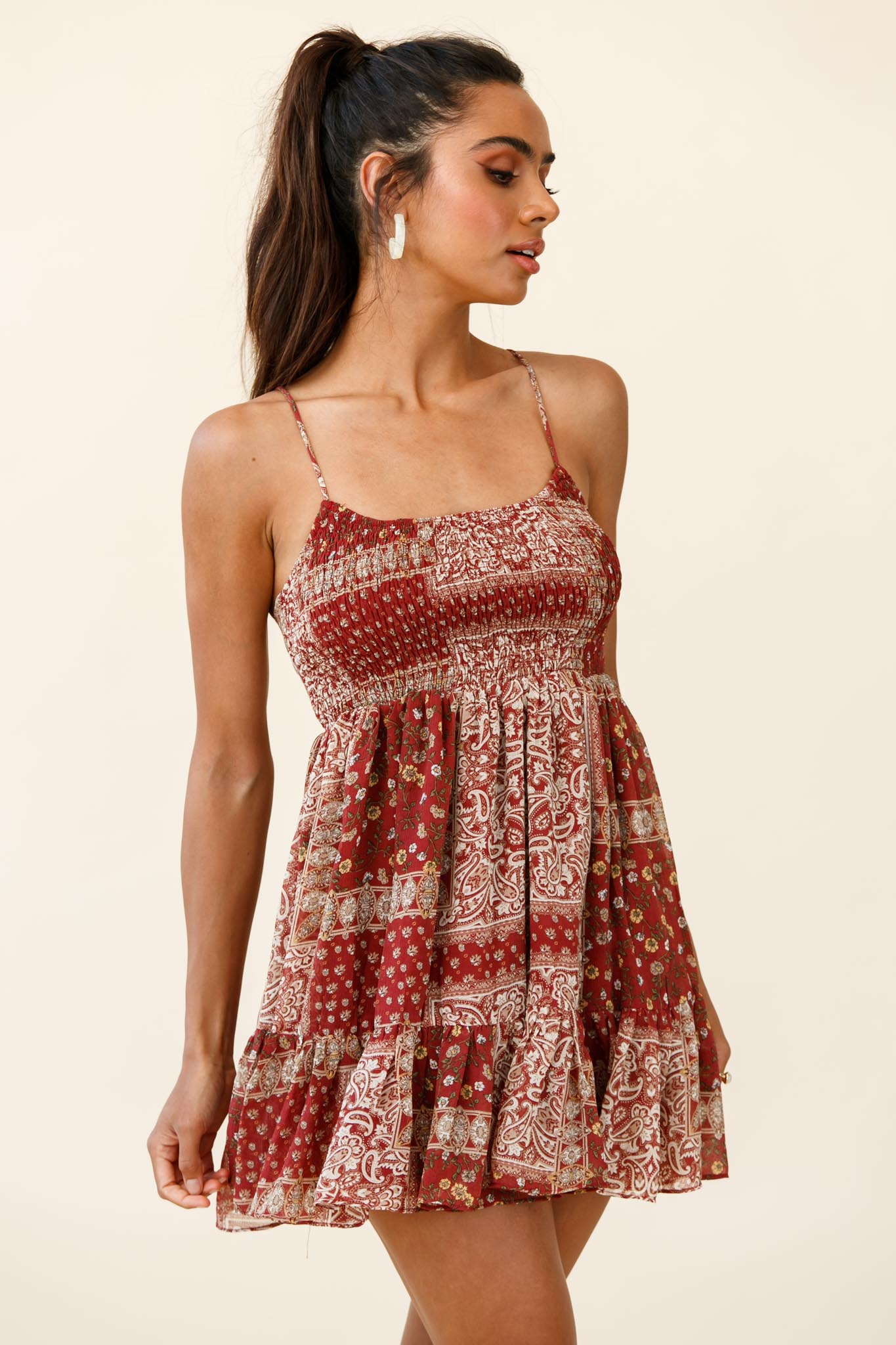 Marja Cami Strap Shirred Baby Doll Dress Paisley Print Burgundy