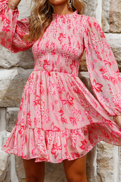 Marja Long Balloon Sleeve Shirred Dress Floral Print Pink