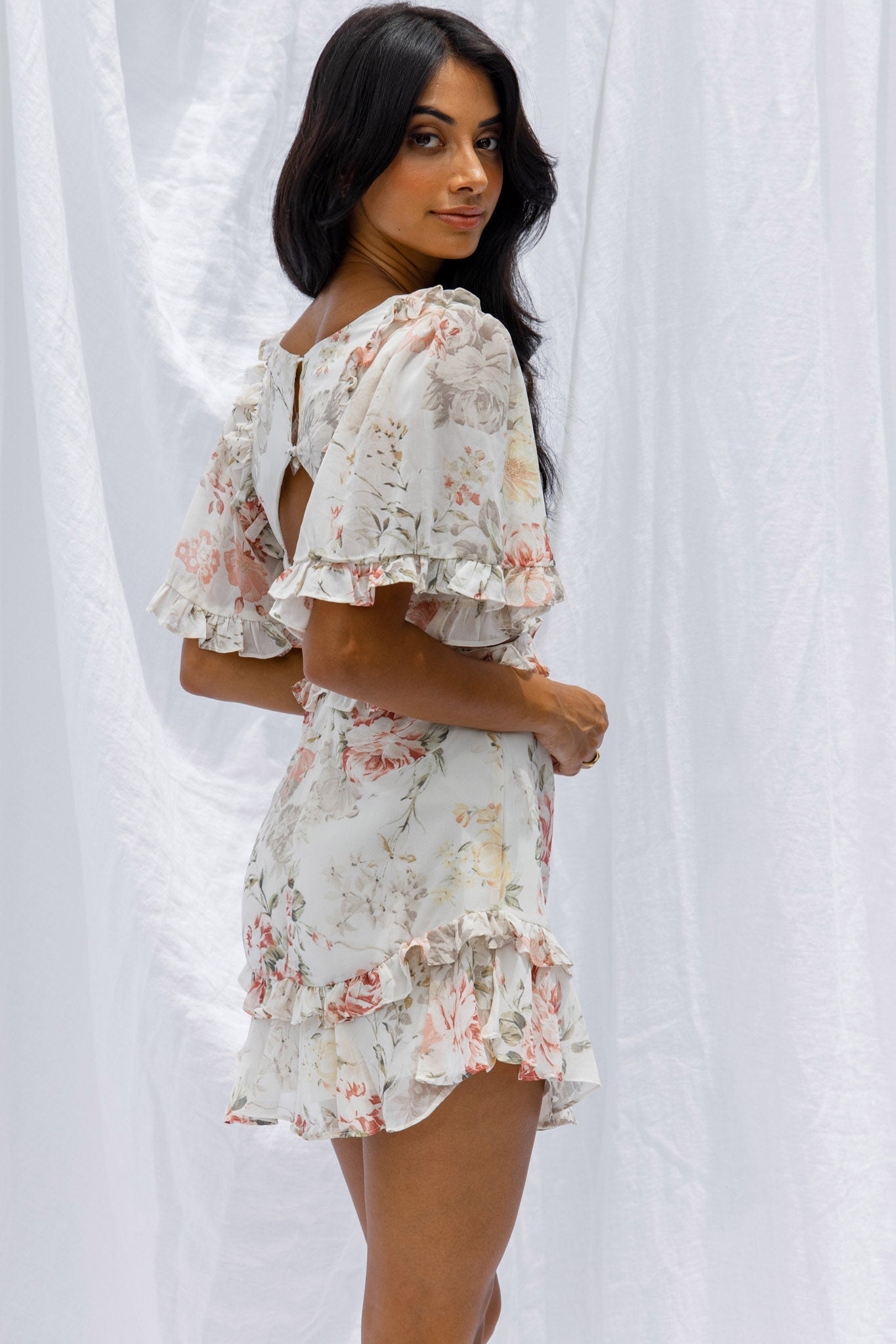 My Belle Cut-Out Detail Frill Accent Dress Vintage Floral Print White
