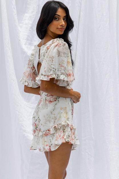 My Belle Cut-Out Detail Frill Accent Dress Vintage Floral Print White