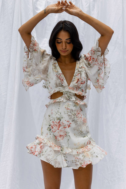 My Belle Cut-Out Detail Frill Accent Dress Vintage Floral Print White